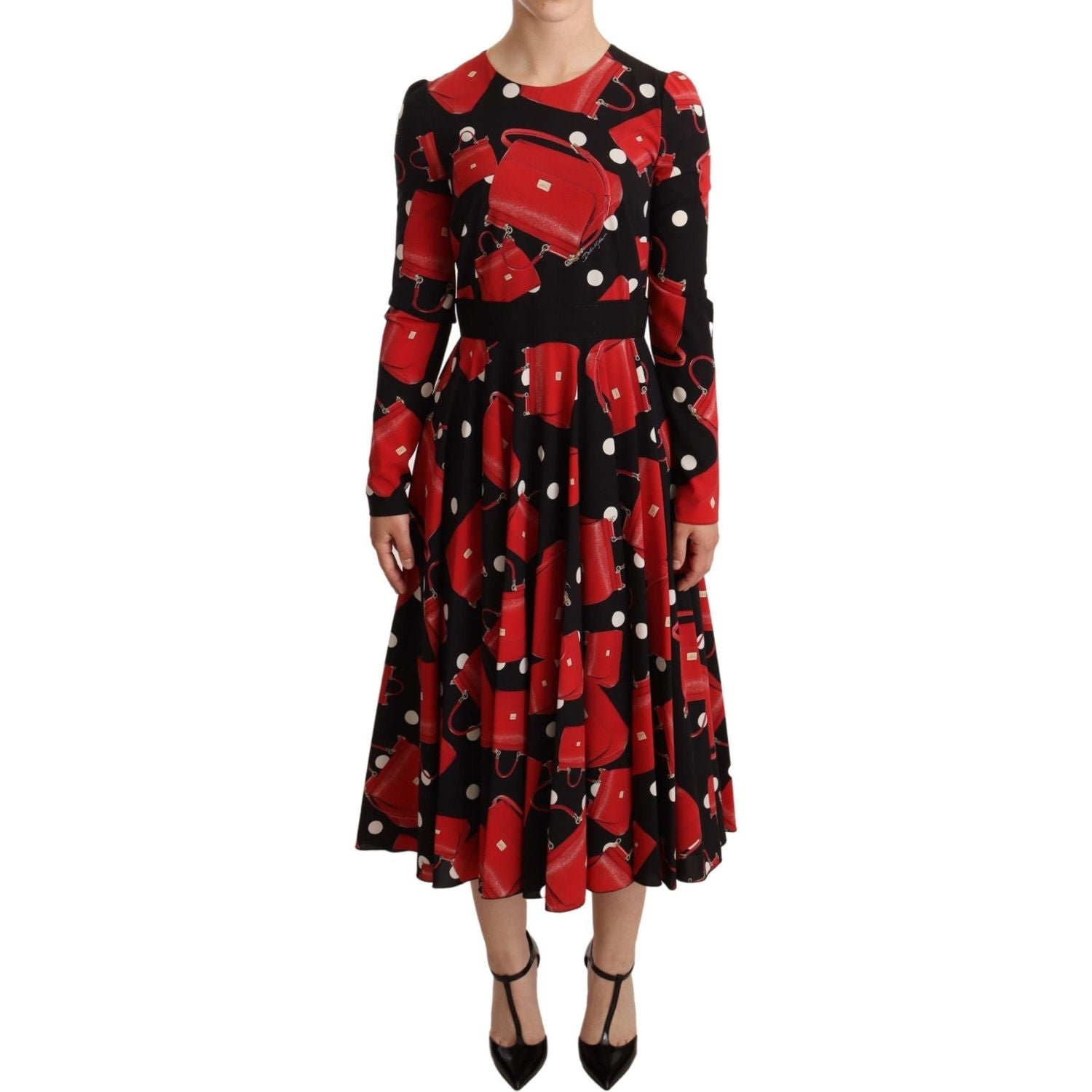 Dolce & Gabbana Black Sicily Bag Print Flared Midi Dress