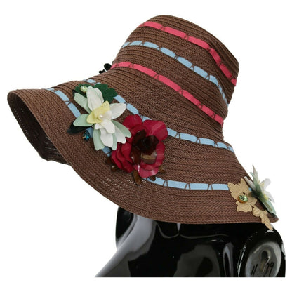 Dolce & Gabbana Brown Knitted Straw Floral Hat WOMAN HATS