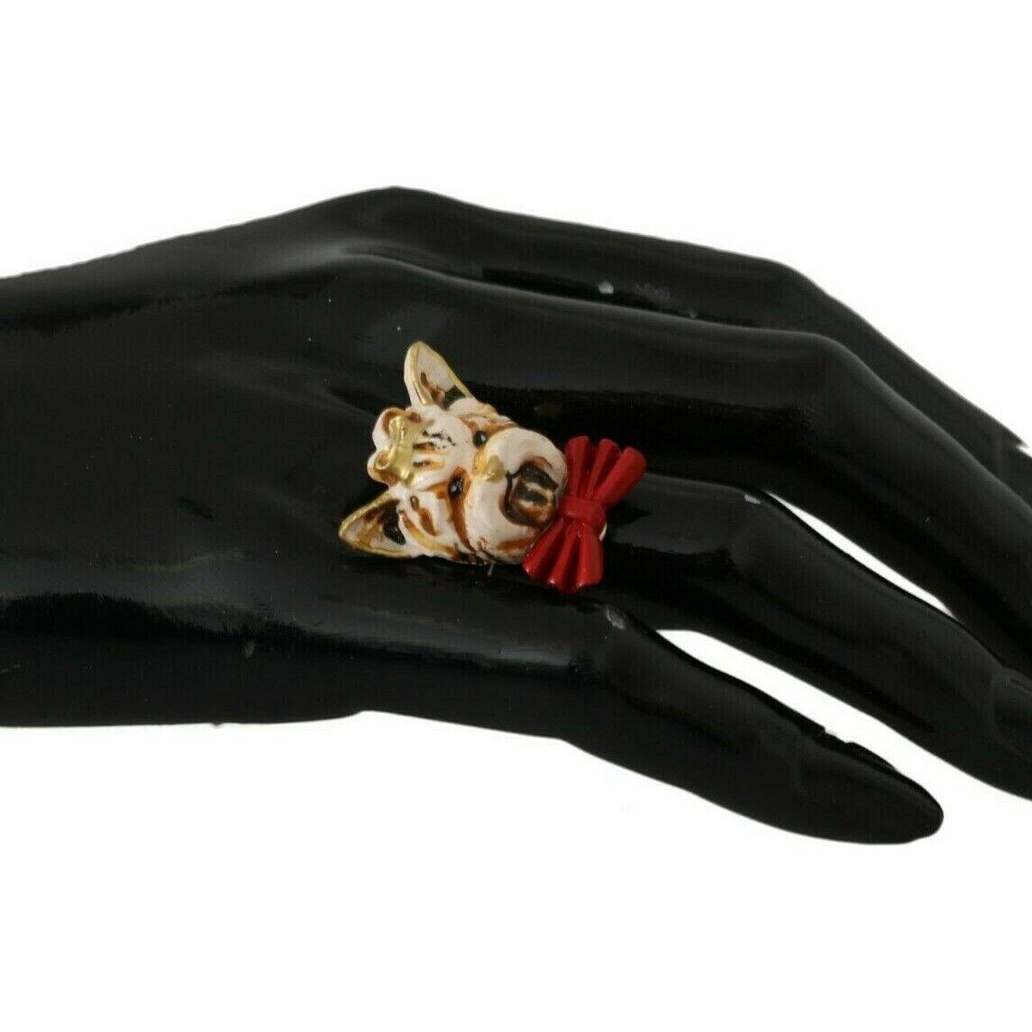 Dolce & Gabbana Gold Brass Resin Beige Dog Pet Branded Accessory Ring
