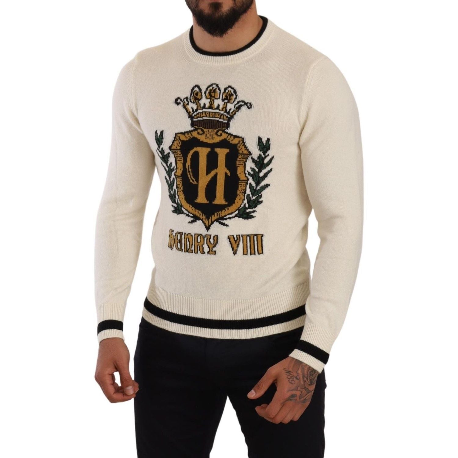 Dolce & Gabbana White Heraldic Cashmere Pullover Sweater