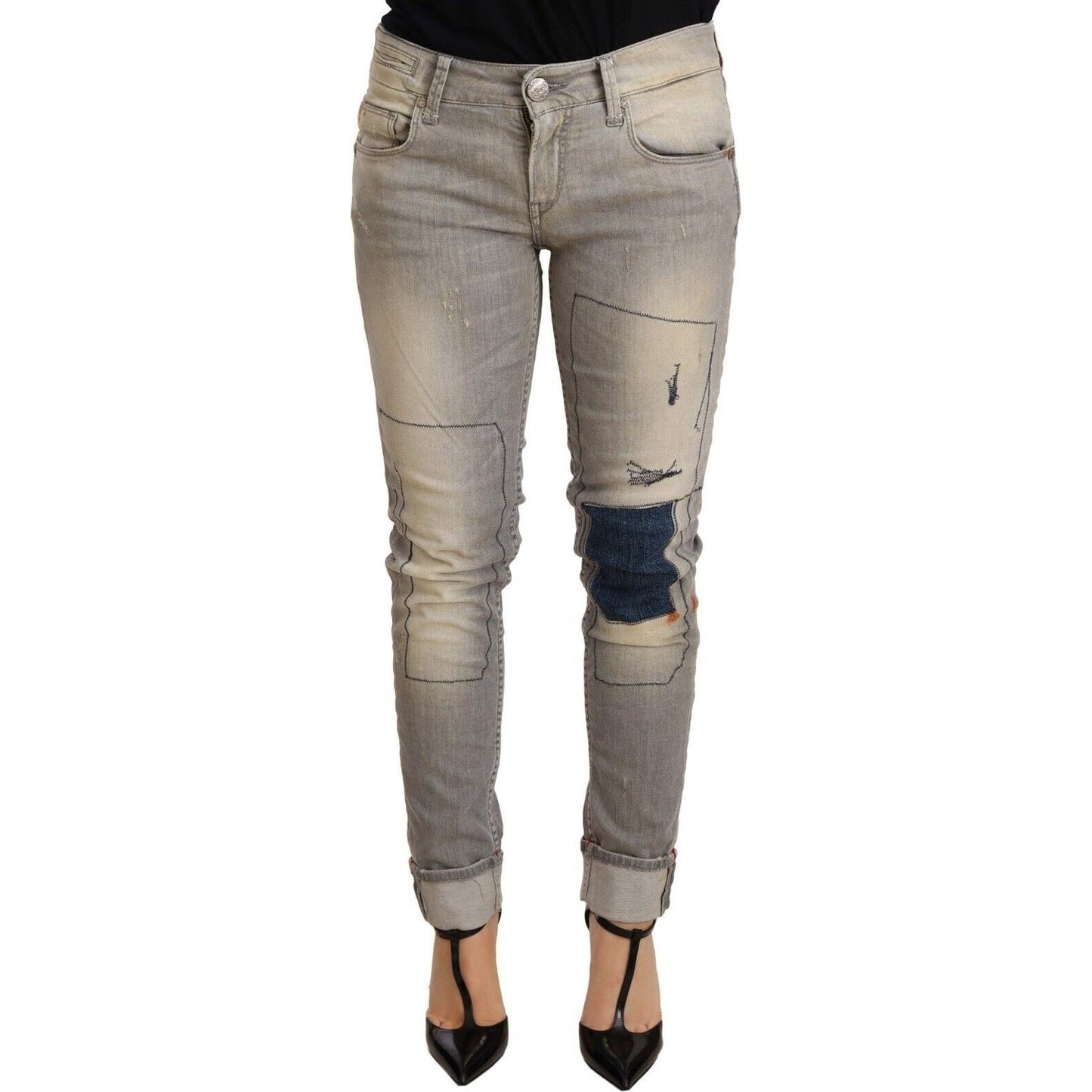 Acht Gray Cotton Slim Fit Folded Hem Women Denim Pant Jeans & Pants