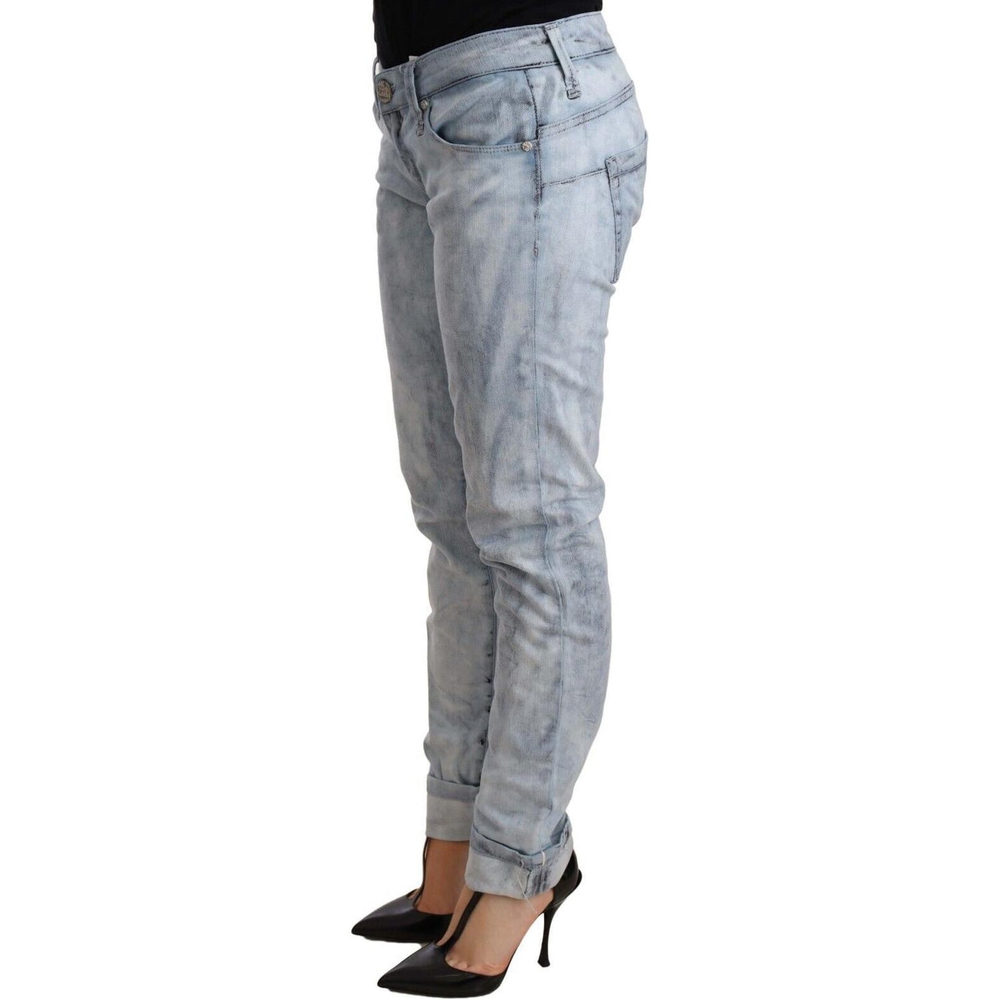 Acht Light Blue Washed Cotton Folded Hem Denim Trouser Jeans & Pants