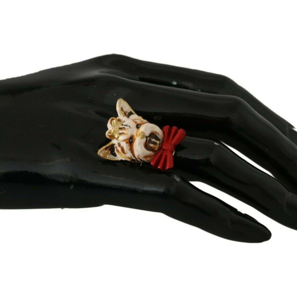 Dolce & Gabbana Beige Dog Pet Branded Accessory Gold Brass Resin Ring
