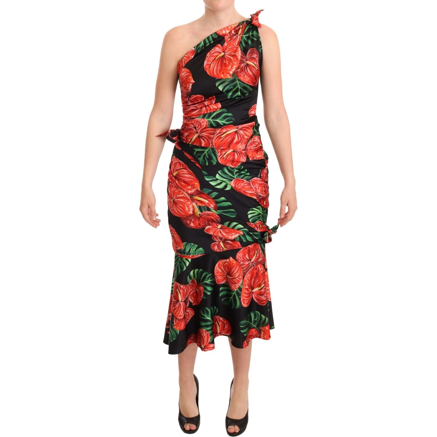 Dolce & Gabbana Black Shiny Silk Floral Print Draped Dress