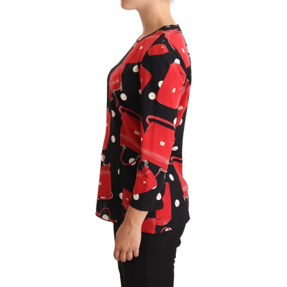 Dolce & Gabbana Black Sicily Bag Print Silk Stretch Top Blouse Blouse Top