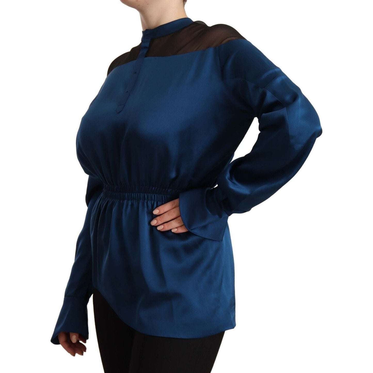 Masha Ma Blue Silk Long Sleeves Elastic Waist Top Blouse WOMAN TOPS AND SHIRTS