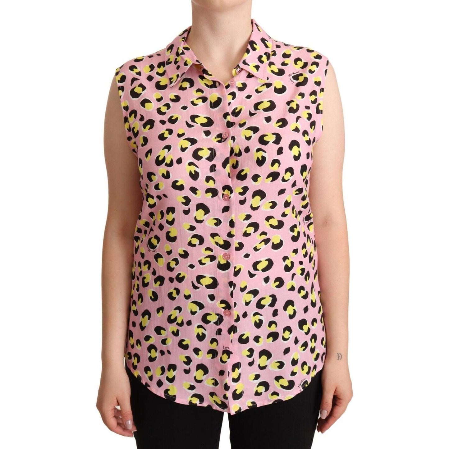 Love Moschino Pink Leopard Print Sleeveless Collared Polo Top WOMAN T-SHIRTS