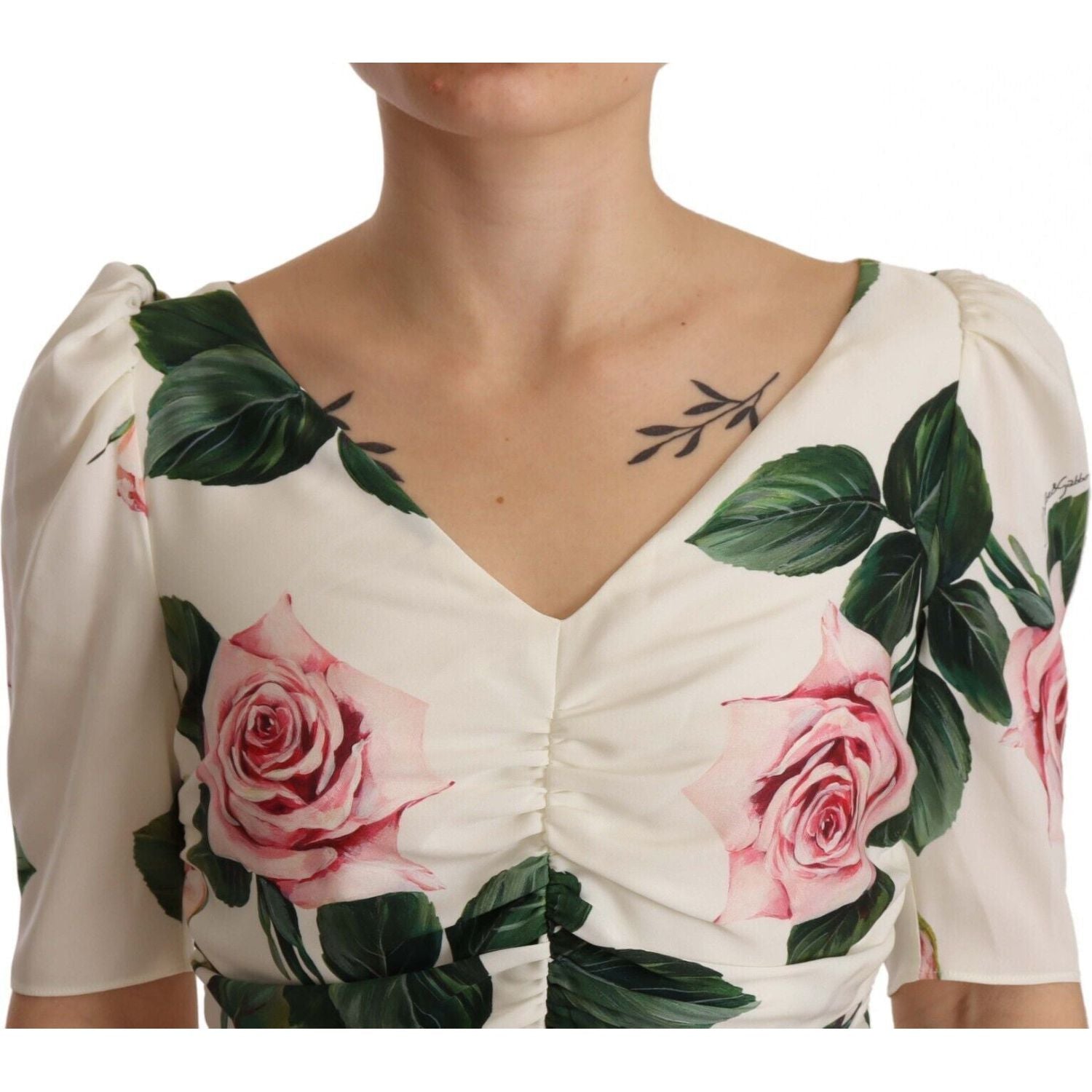 Dolce & Gabbana White Roses Print Stretch Silk Pleated Dress