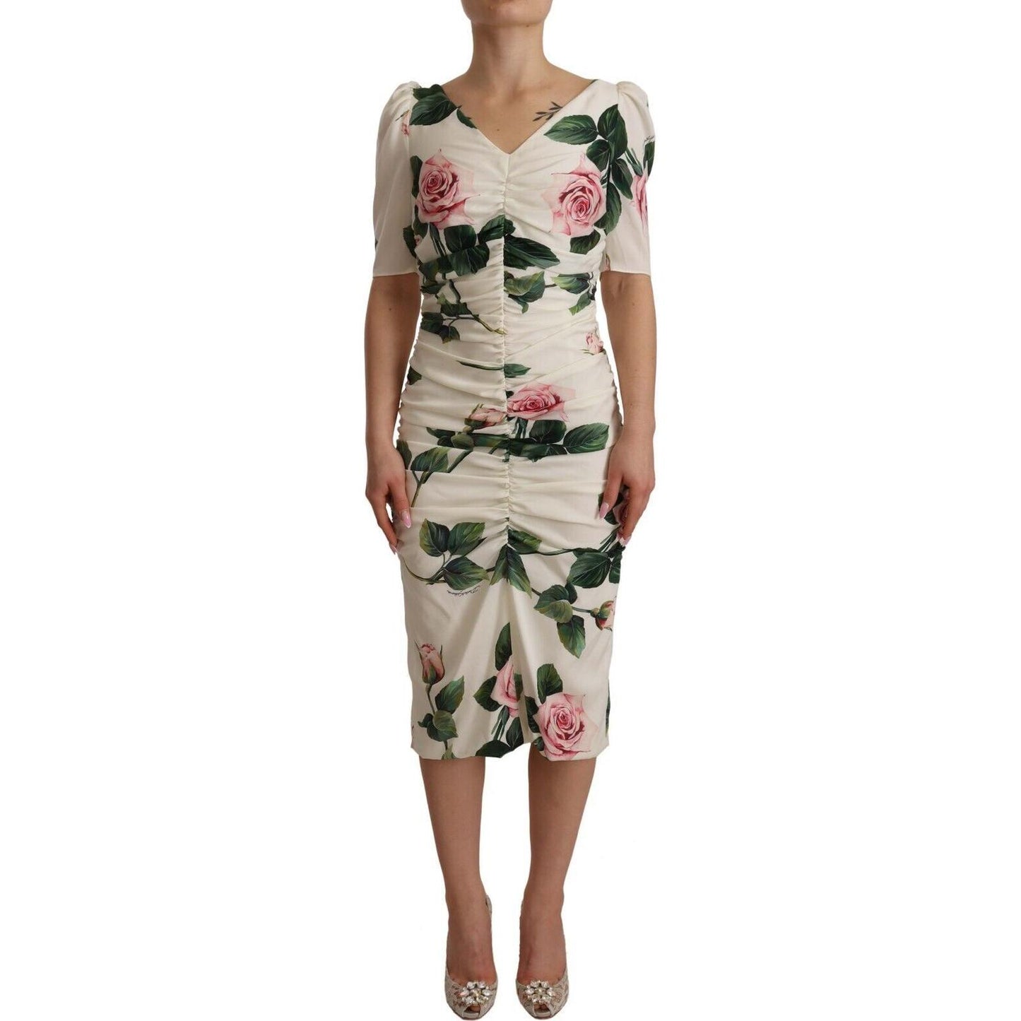 Dolce & Gabbana White Roses Print Stretch Silk Pleated Dress
