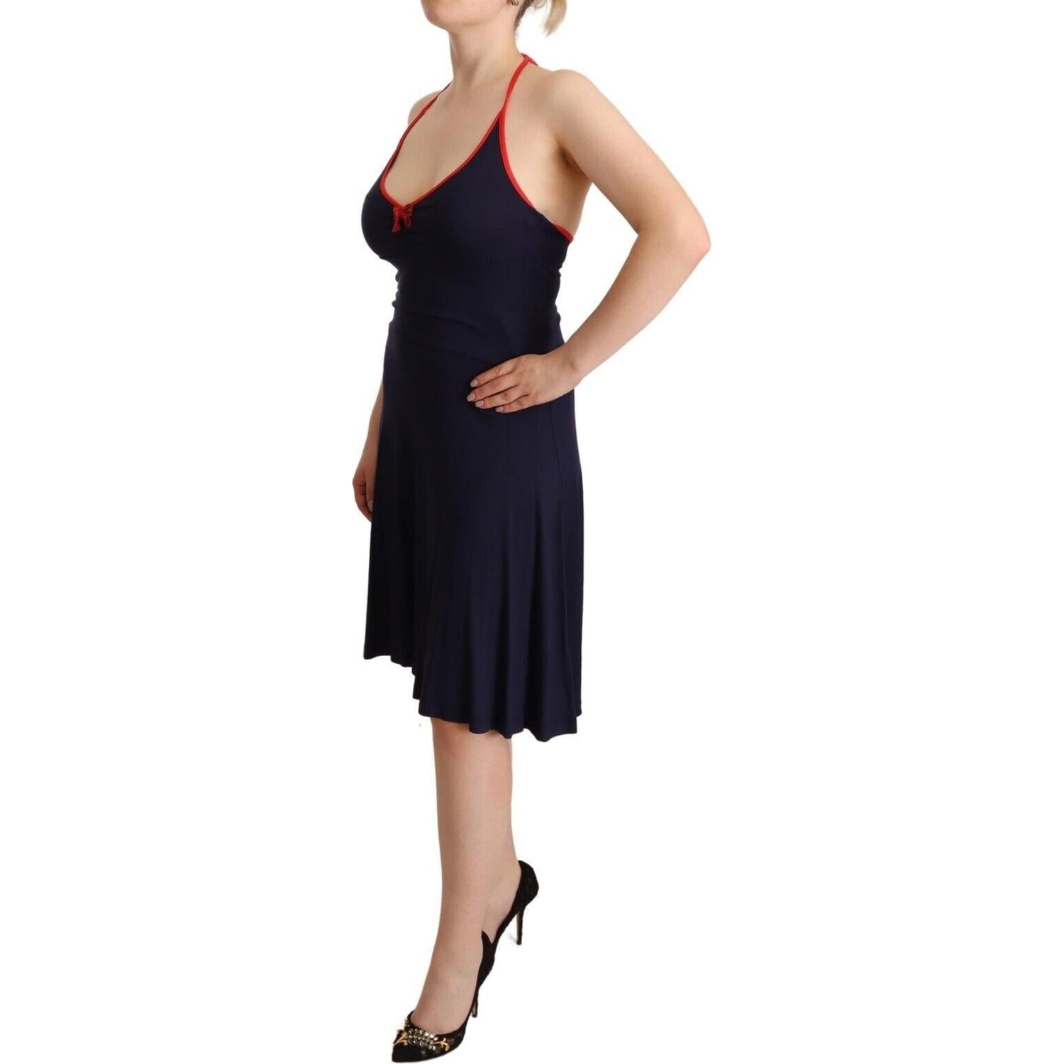 Roccobarocco Navy Blue Sleeveless Halter Sheath Midi Dress
