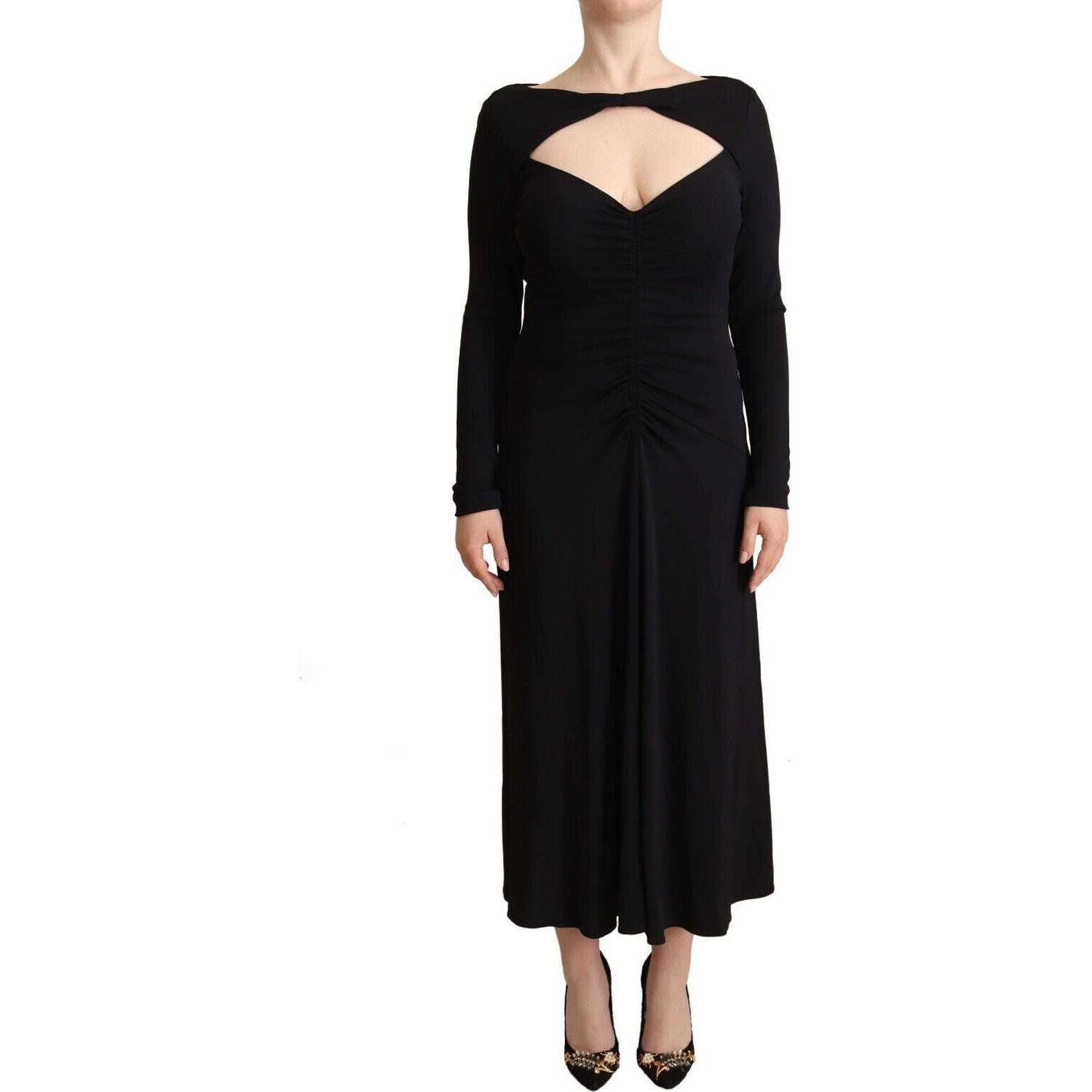 PINKO Black Nylon Stretch Long Sleeves Deep V-neck Maxi Dress