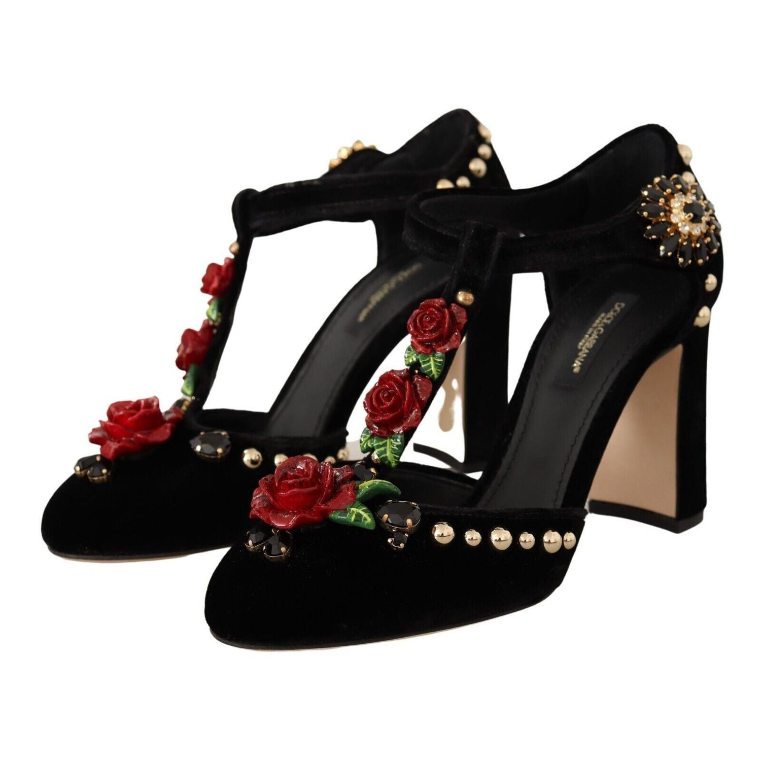 Dolce & Gabbana Black Mary Jane Pumps Roses Crystals Shoes