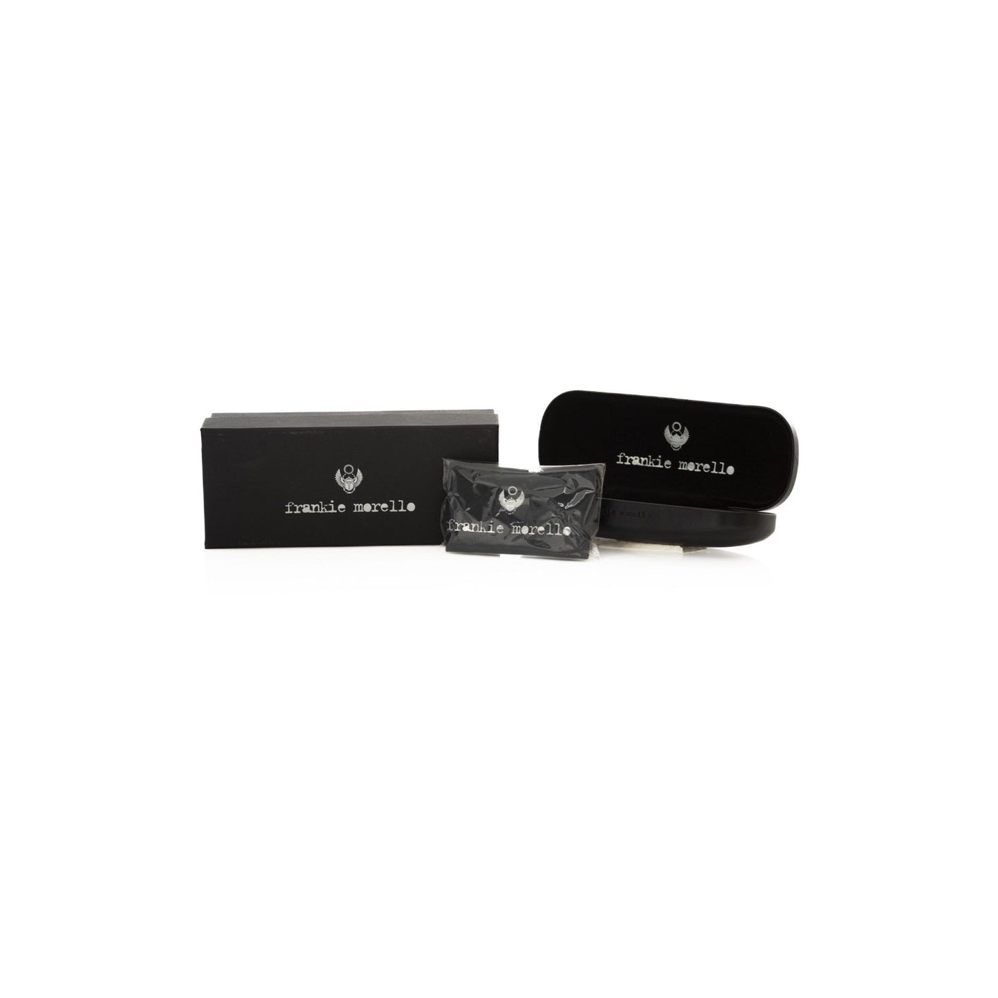 Frankie Morello eyewear packaging with black case and box, elegant design, Frankie Morello Gold Metallic Unisex Frame not included.