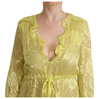 Patrizia Pepe Yellow Silk Long Sleeves Plunging Maxi Dress WOMAN DRESSES