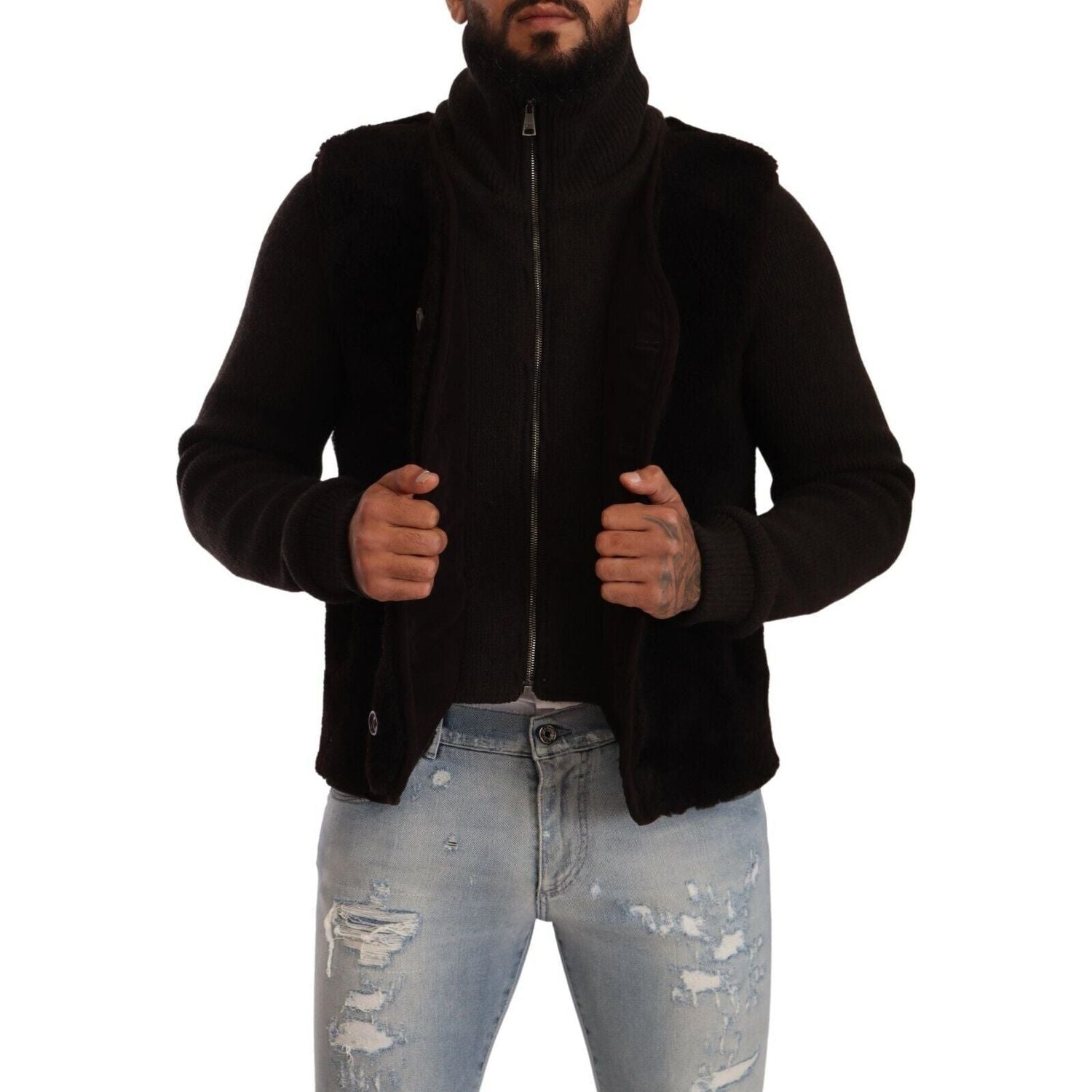 Dolce & Gabbana Black Leather Mens Turtle Neck Coat Jacket