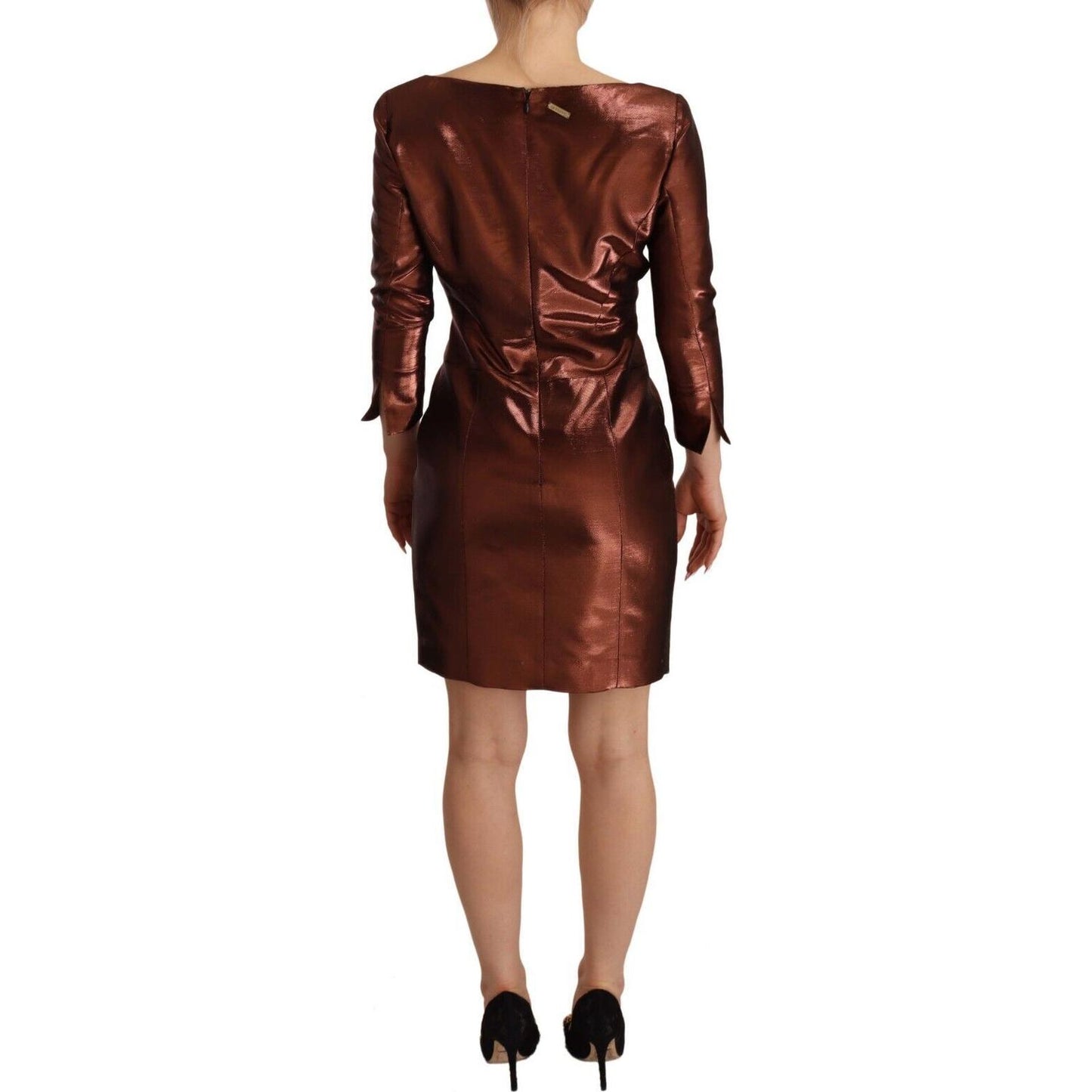 GF Ferre Metallic Brown Long Sleeves Square Neck Sheath Dress