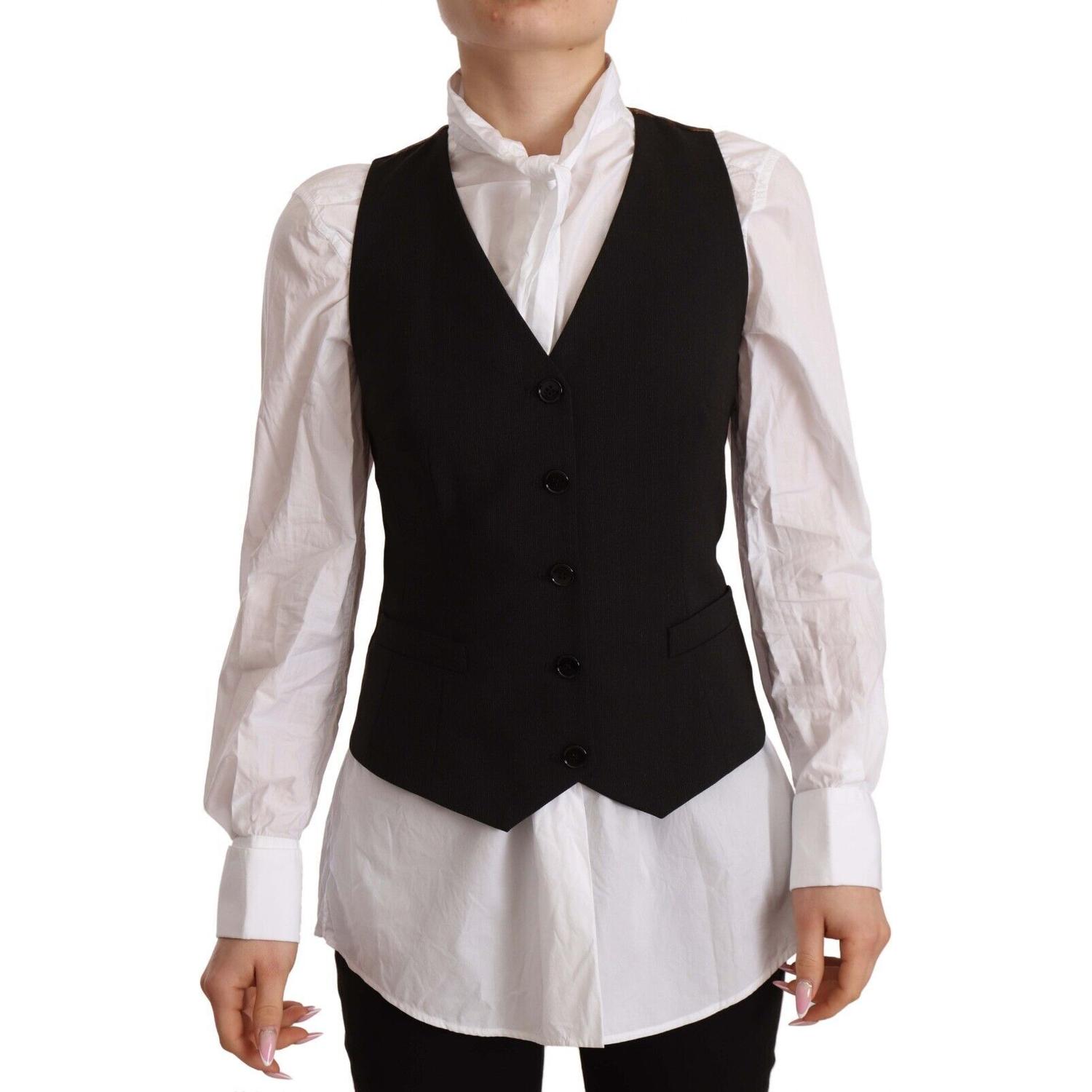 Dolce & Gabbana Black Button Down Sleeveless Vest Polyester Top