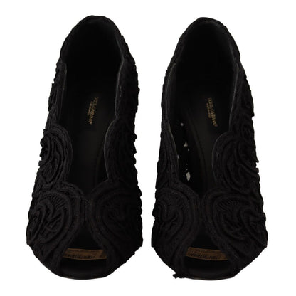 Dolce & Gabbana Black Cordonetto Ricamo Pump Open Toe Shoes
