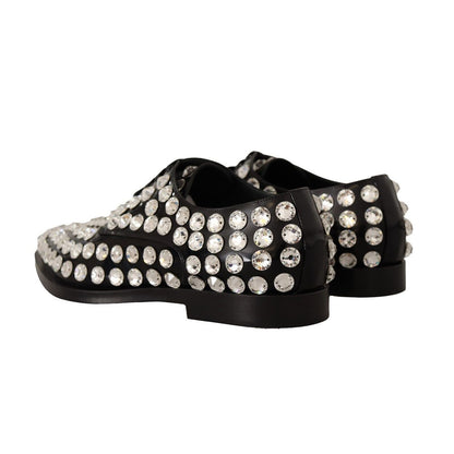 Dolce & Gabbana Black Leather Crystals Lace Up Formal Shoes