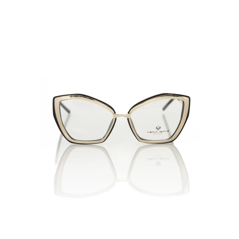 Frankie Morello Multicolor Acetate Women's Frame butterfly model eyeglasses with gold outer and black interior on white background.