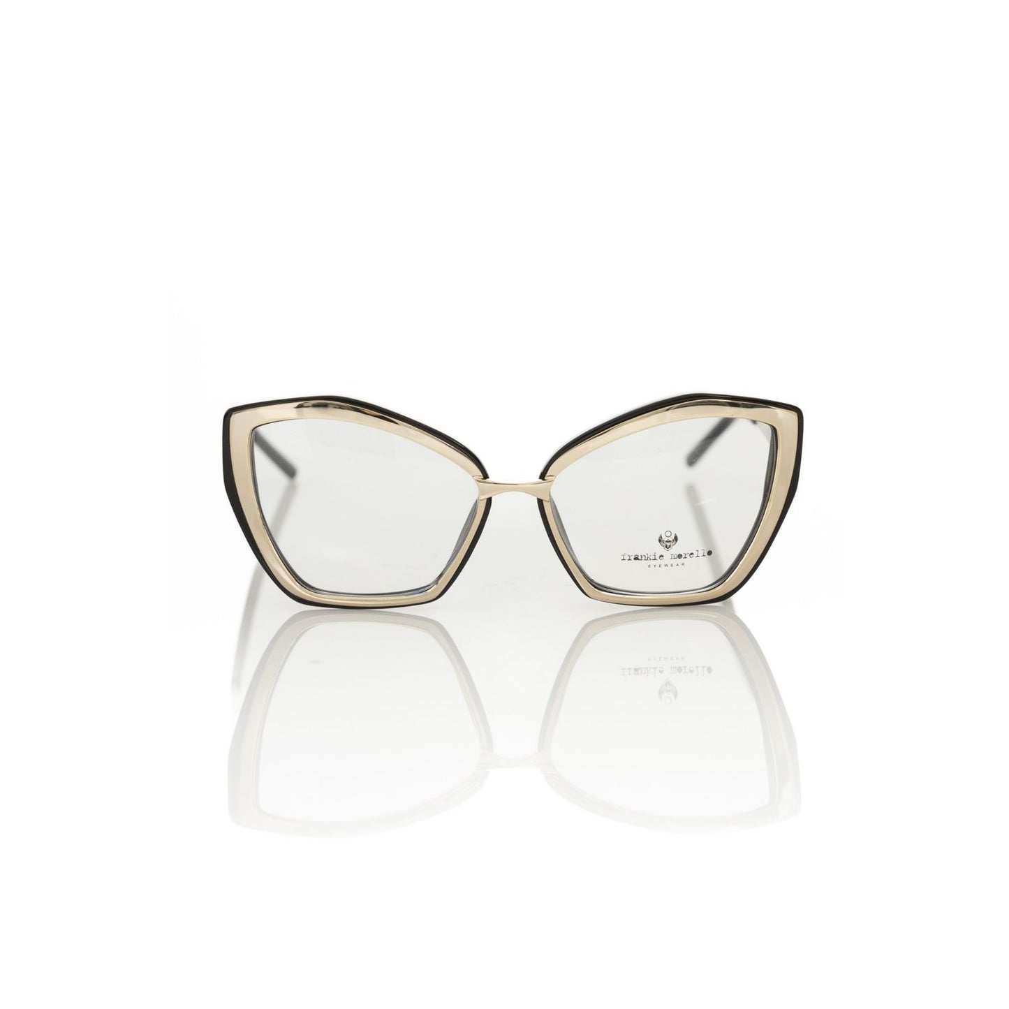 Frankie Morello Multicolor Acetate Women's Frame butterfly model eyeglasses with gold outer and black interior on white background.