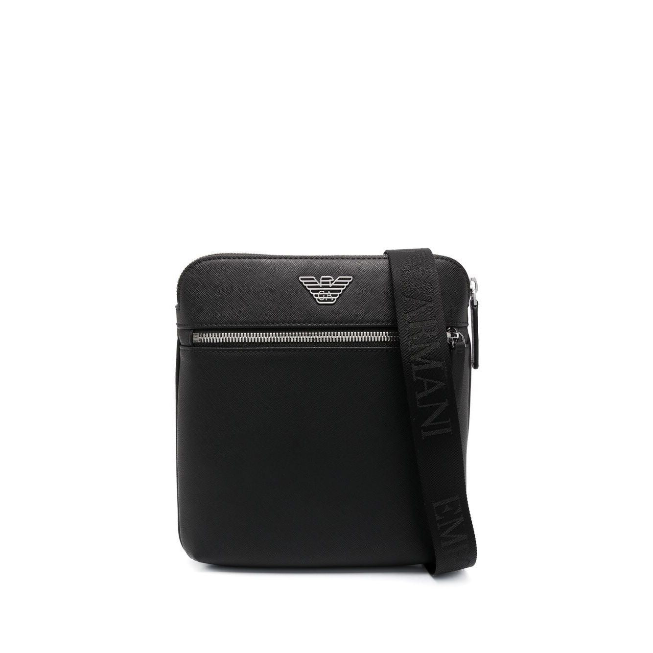 Emporio Armani ASV regenerated Saffiano leather flat shoulder bag with eagle plate