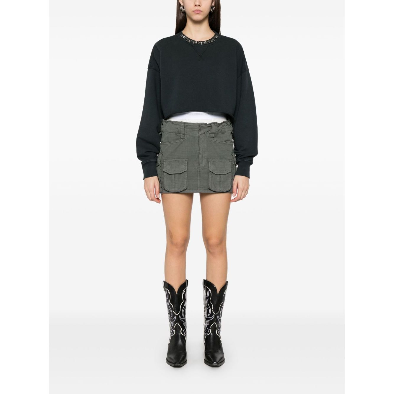 Golden Goose Cropped Cotton Sweatshirt with Crystals on the Front
