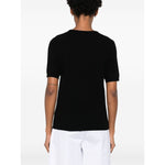 Back view of SOFT GOAT Sweaters Black cashmere crewneck top with ribbed trim and short sleeves.