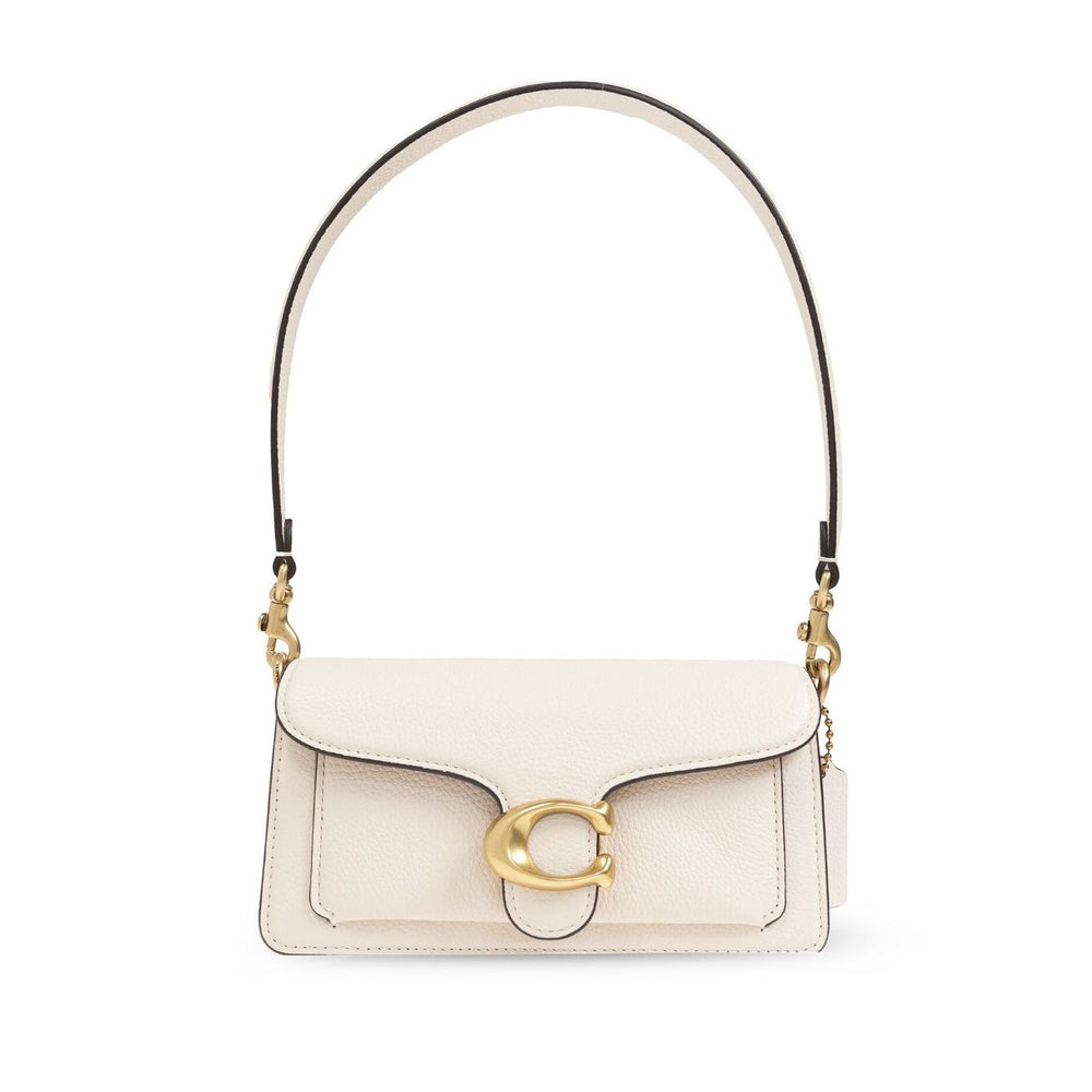 Coach Tabby 20 leather crossbody bag with multifunctional pockets, snap closure, fabric lining, and removable strap.