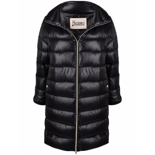Herno Coats Black feather down padded midi jacket with stand-up collar, front zip, long sleeves, and side slit pockets.