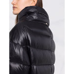Side view of Herno Coats Black feather down padded jacket with stand-up collar and long sleeves