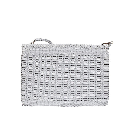 VIPERA Saba handbag in yellow with woven pattern, zip closure, and removable leather strap, size 13.78x9.84 in, single compartment.