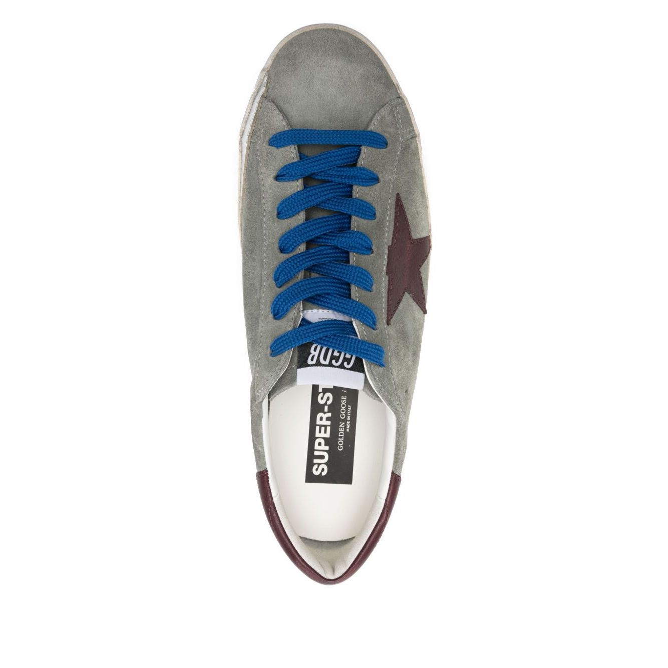 Golden Goose Super-Star sneakers with desert sage green suede, blue laces, padded ankle, removable insole, and 2 cm heel height.