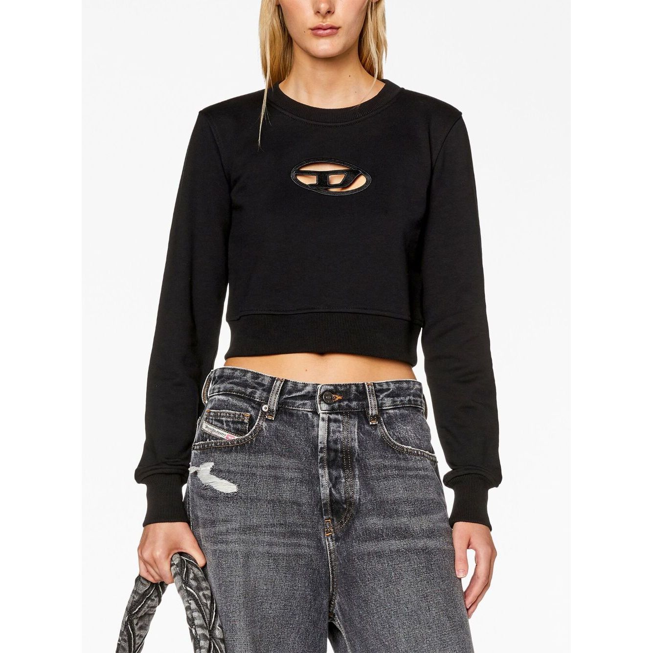 Diesel Sweaters Black cotton blend sweatshirt with cut-out detailing and ribbed cuffs, modeled