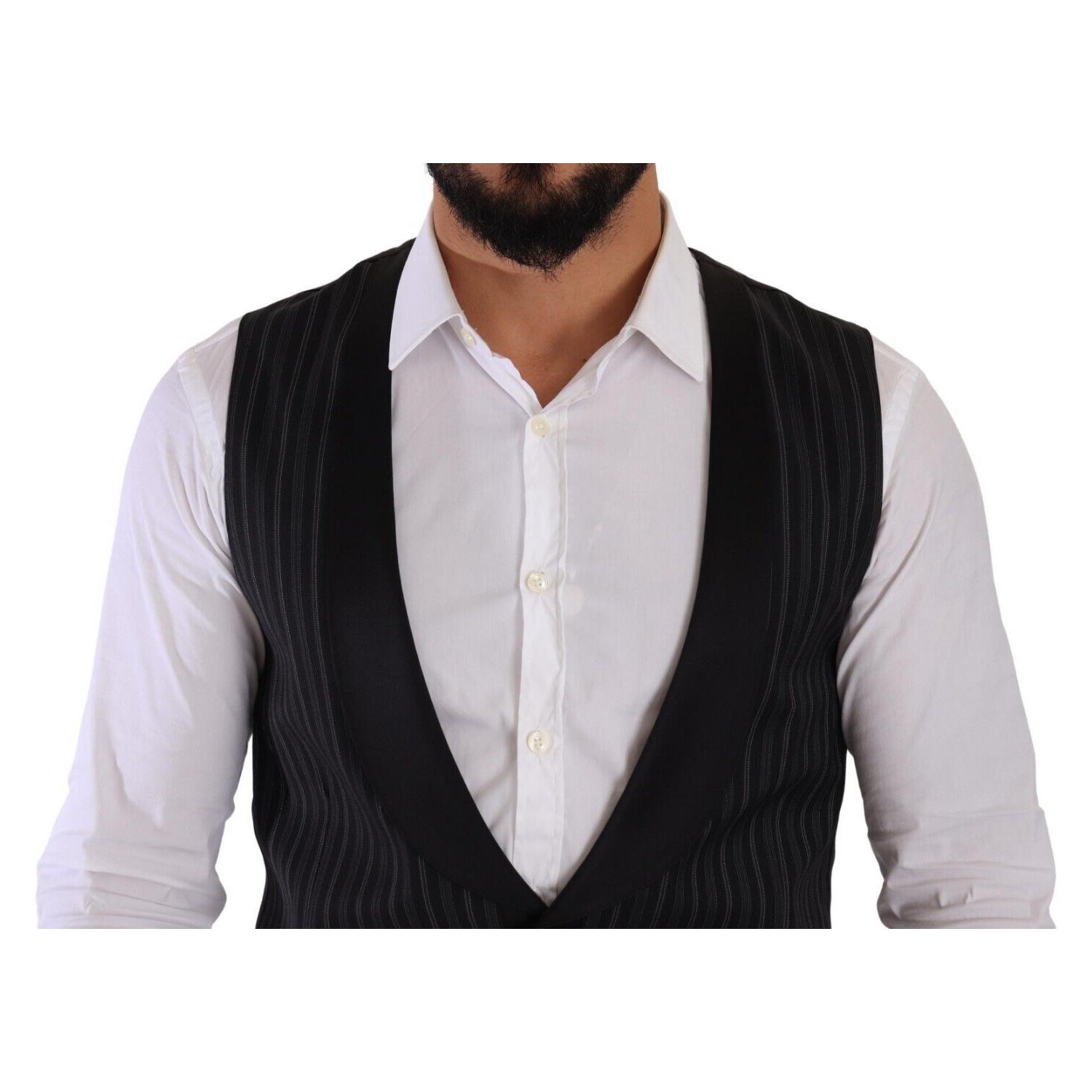 Dolce & Gabbana Black Striped Wool Silk Waistcoat Vest
