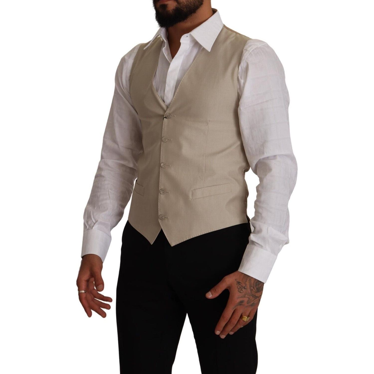 Dolce & Gabbana Beige Cotton Silk Slim Fit Waistcoat Vest