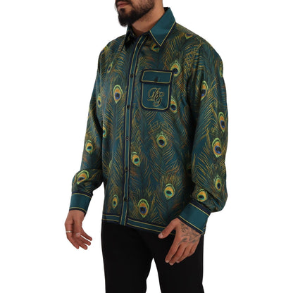 Dolce & Gabbana Peacock Feather Print Silk Pajama Mens Shirt