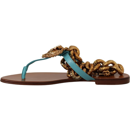 Dolce & Gabbana Blue Leather Devotion Flats Sandals