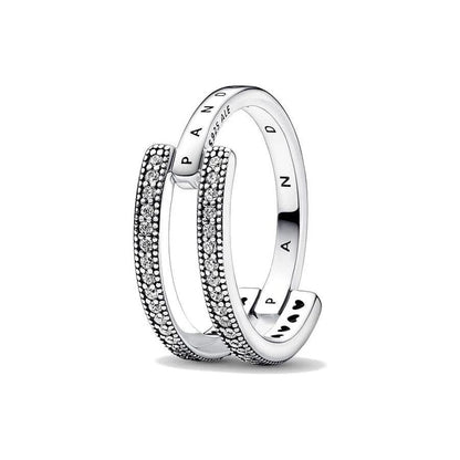 PANDORA JEWELS Mod. SIGNATURE LOGO & PAVE DOUBLE BAND - RING - Size 54 Ring