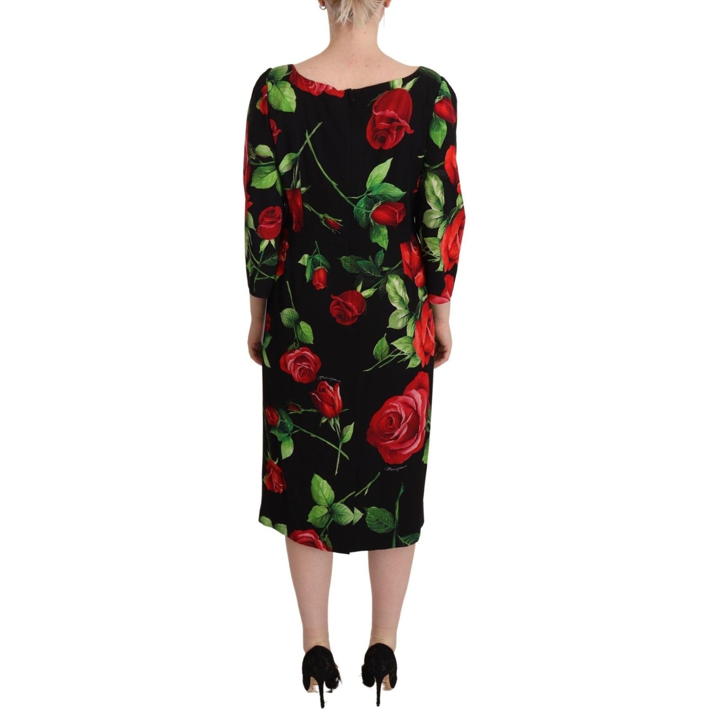 Dolce & Gabbana Black Red Roses Sheath Stretch Silk Dress