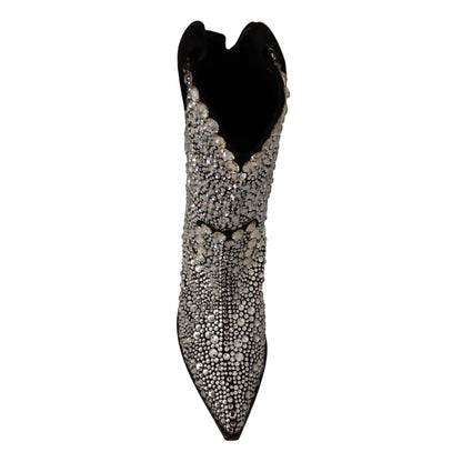 Dolce & Gabbana Black Suede Strass Crystal Cowgirl Boots