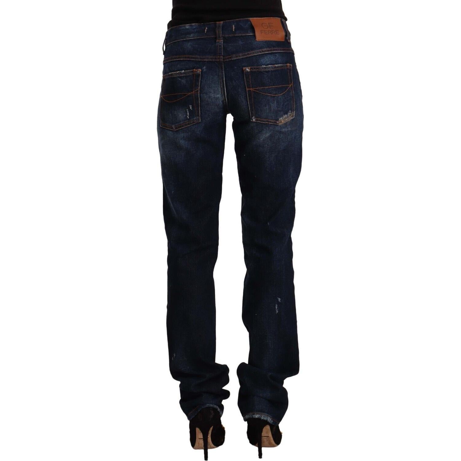 GF Ferre Dark Blue Washed Mid Waist Cotton Denim Straight Jeans