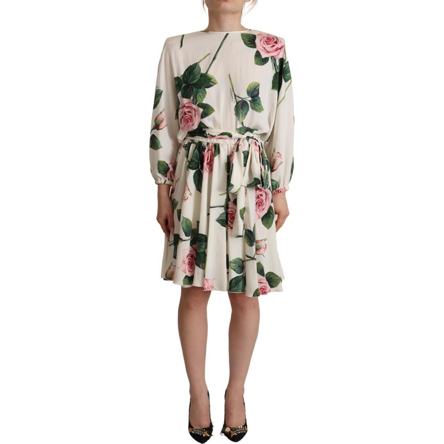 Dolce & Gabbana White Rose Print Long Sleeves A-line Dress