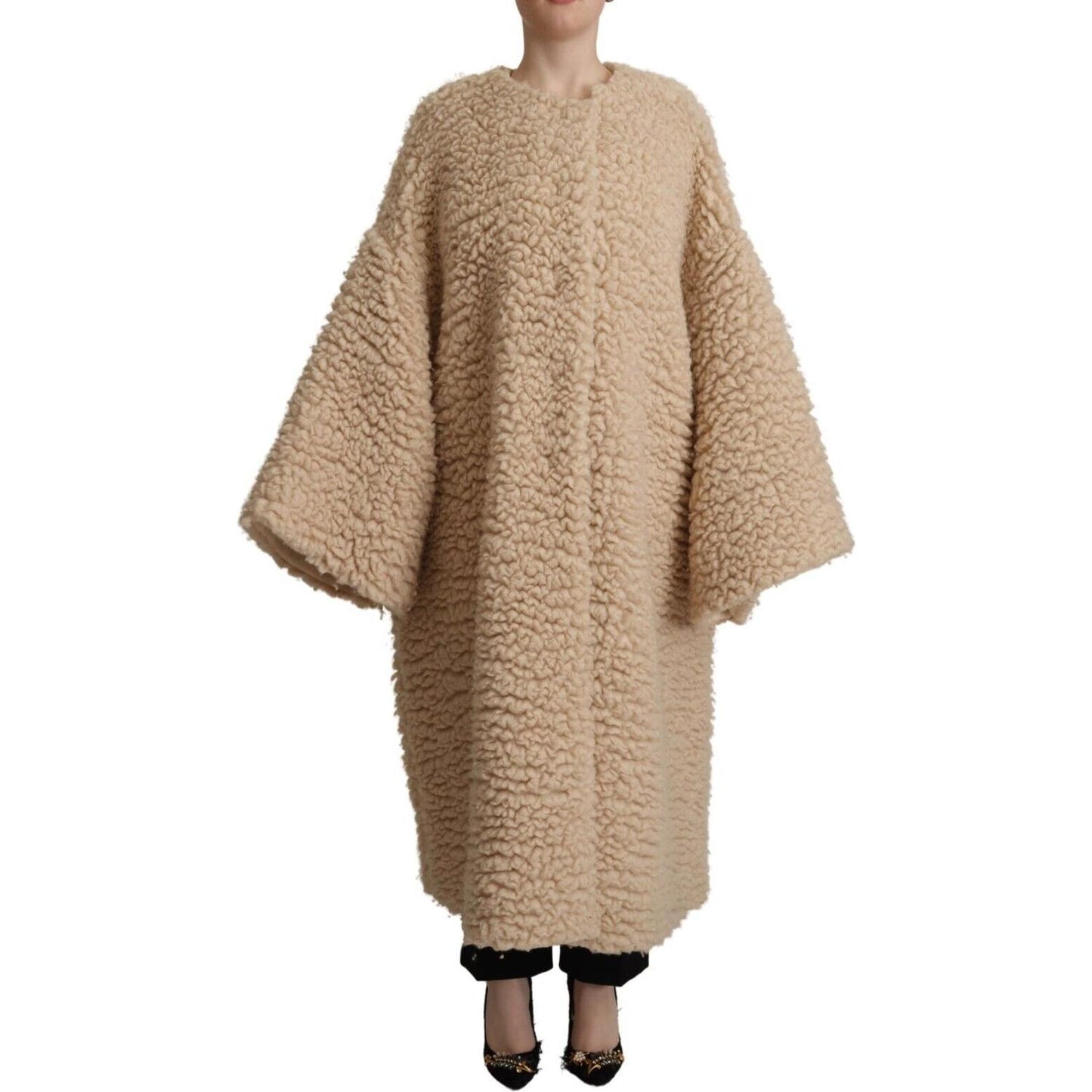 Dolce & Gabbana Beige Cashmere Wool Faux Fur Coat Jacket