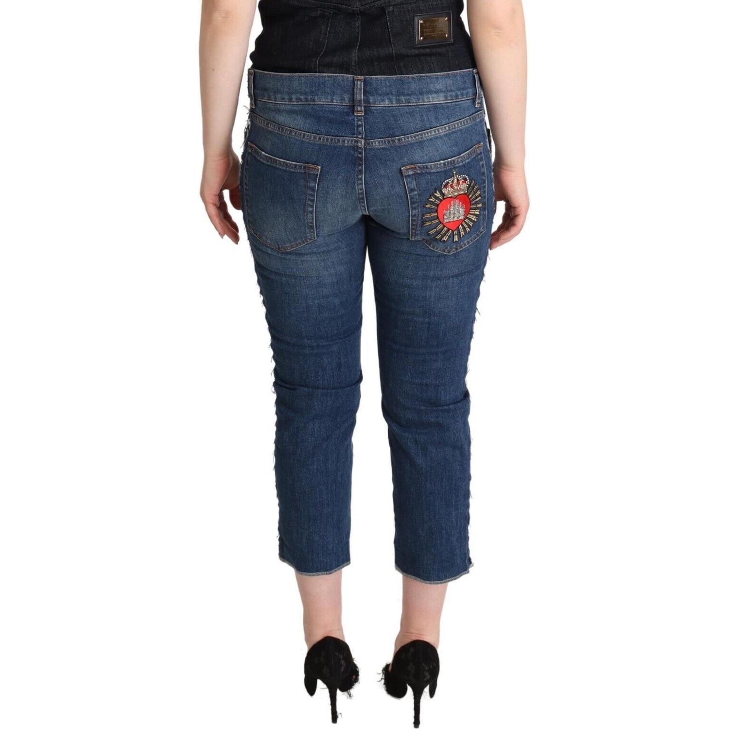 Dolce & Gabbana Blue Washed Mid Waist Denim Logo Cropped Jeans