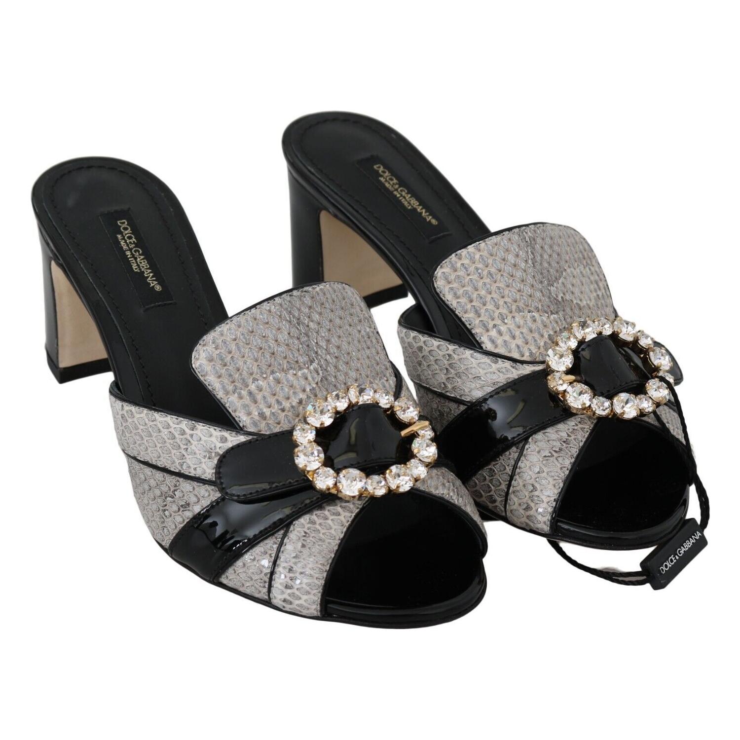 Dolce & Gabbana Black Gray Exotic Leather Crystals Sandals Shoes
