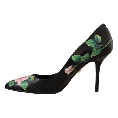 Dolce & Gabbana Black Leather Roses High Heels Pumps Shoes