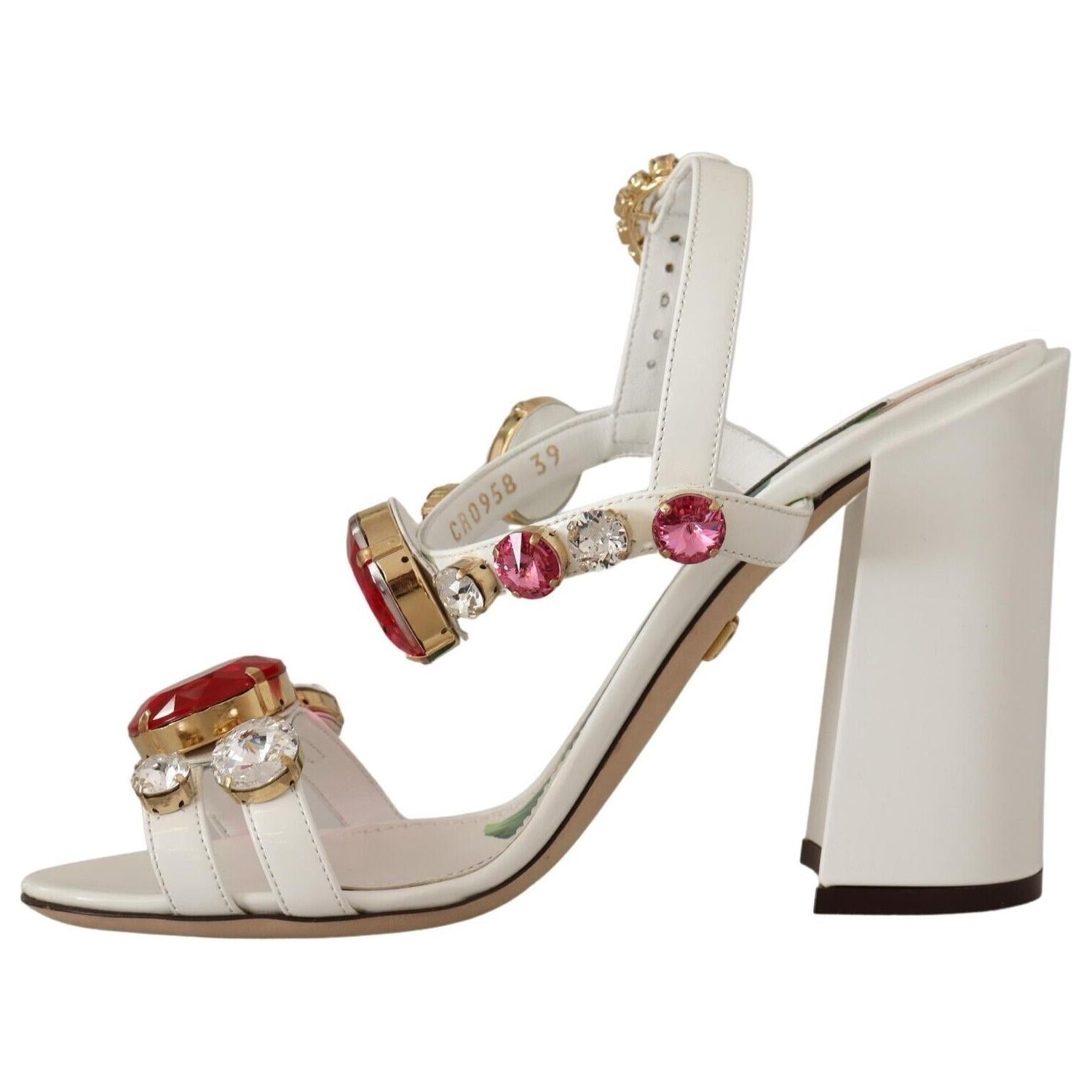 Dolce & Gabbana White Leather Crystal Keira Heels Sandals Shoes