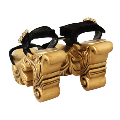 Dolce & Gabbana Black Gold Baroque Velvet Heels Crystal Shoes
