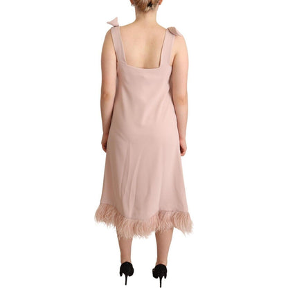 P.A.R.O.S.H. Pink Polyester Sleeveless Midi Feather Shift Dress